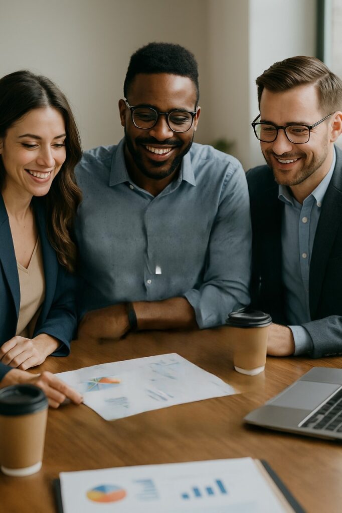 Tres personas profesionales sonrientes representando éxito financiero y educación financiera sólida, acompañadas del título "15 Lecciones Poderosas de Educación Financiera y Finanzas Personales"