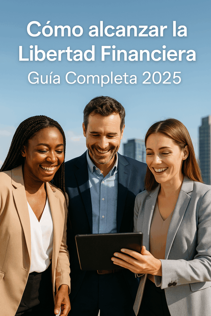 Tres personas reales y diversas sonríen mientras revisan juntos gráficos financieros en una oficina moderna, simbolizando el logro de la libertad financiera.