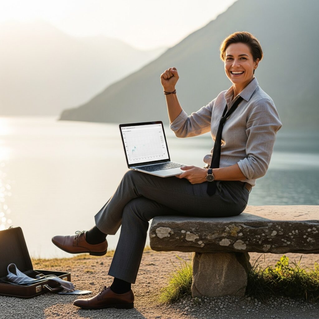 Una imagen de una persona celebrando su libertad financiera, trabajando de forma remota en un entorno natural y libre, en contraste con un ambiente de oficina tradicional.