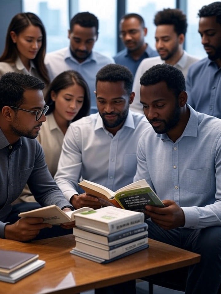 Escena profesional con personas leyendo libros sobre mentalidad financiera, rodeadas de gráficos y un ambiente motivador.