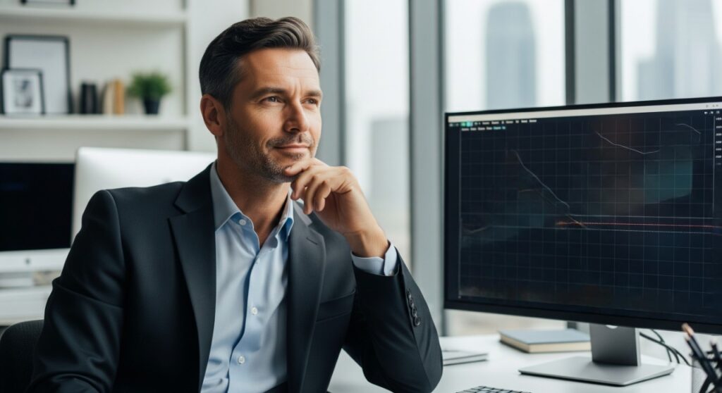 Una persona con un mapa de estrategias en una mano y una flecha de crecimiento en la otra, simbolizando la planificación y el progreso en las inversiones.