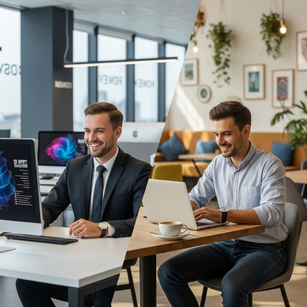 Comparativa visual de un empleado en oficina corporativa y un emprendedor en espacio de coworking, simbolizando diferentes caminos financieros.
