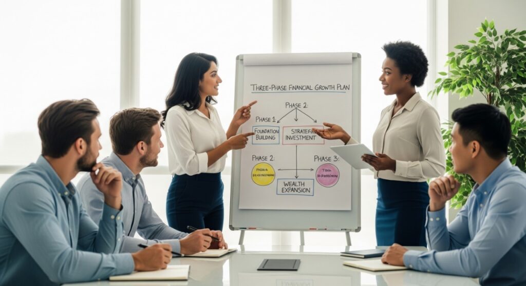 Un grupo de profesionales colabora en una oficina, discutiendo un plan de crecimiento financiero de tres fases en un pizarrón, que simboliza el éxito y la prosperidad económica.