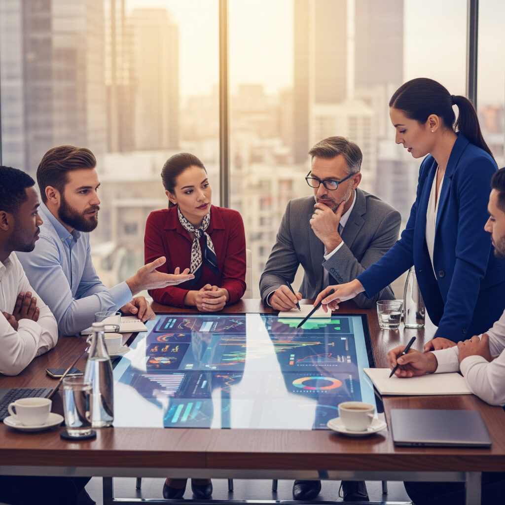 Empresarios conversando sobre estrategias y analizando gráficos financieros para desarrollar una mentalidad empresarial sólida.