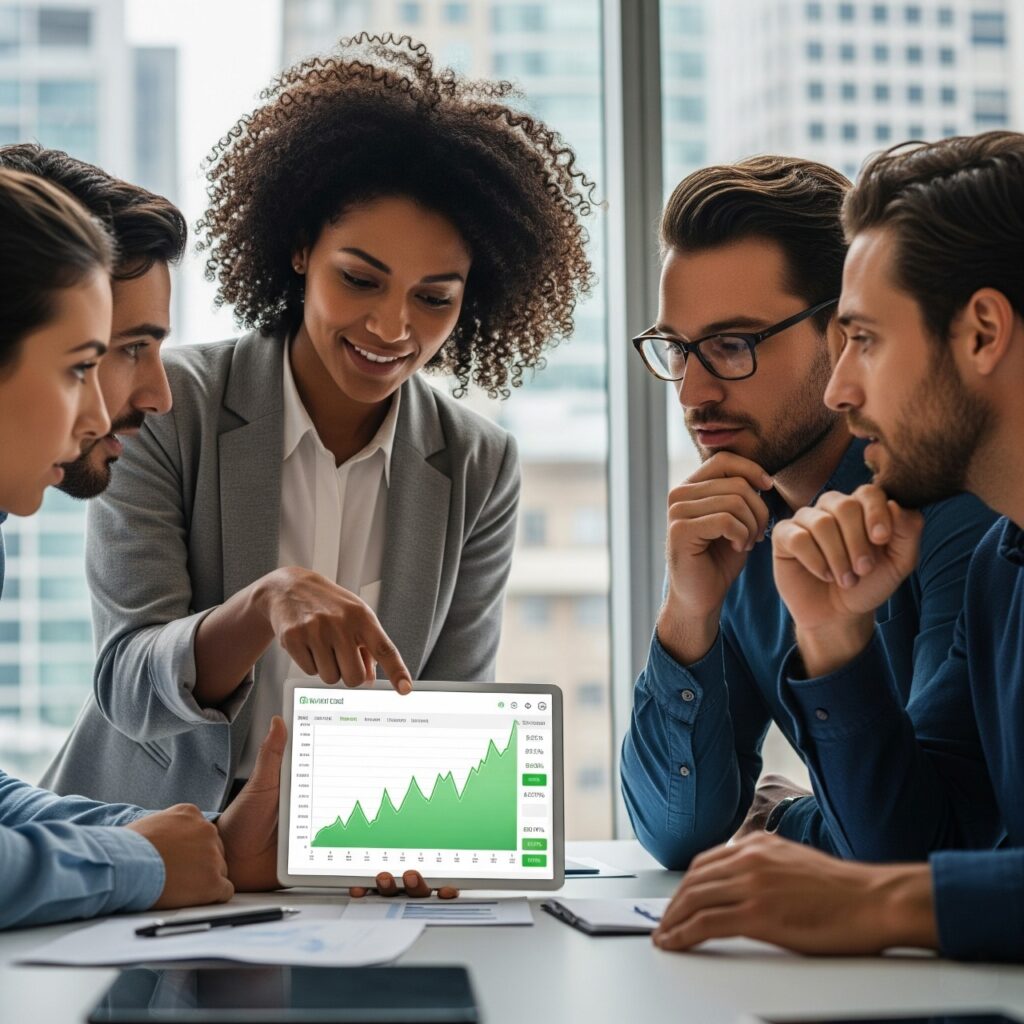 Grupo de profesionales analizando un gráfico de crecimiento financiero en una tablet, representando la inversión inteligente y la mentalidad de crecimiento.
