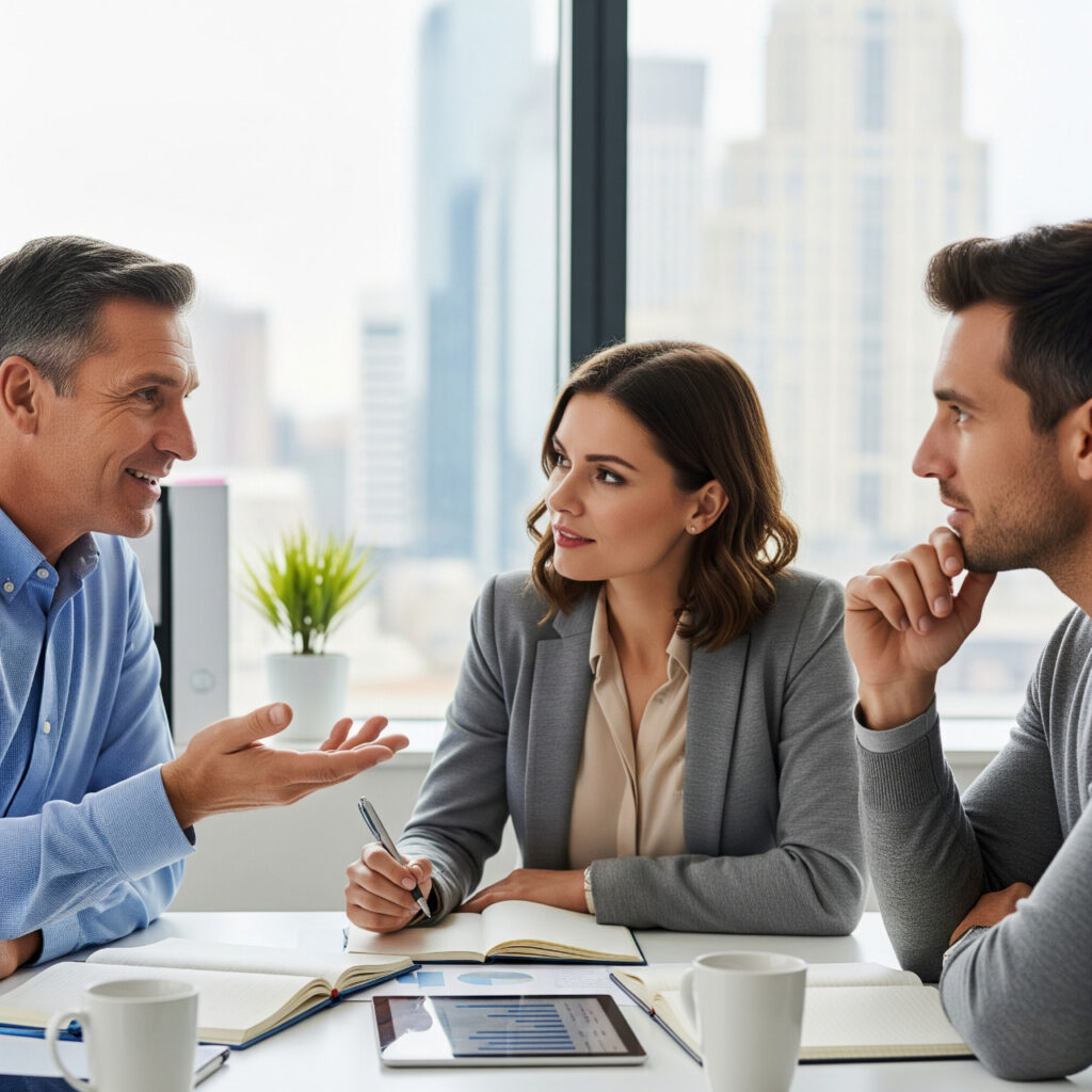 Imagen de tres profesionales discutiendo estrategias financieras en una oficina moderna, simbolizando la filosofía de Jim Rohn sobre el autocontrol para el éxito económico.