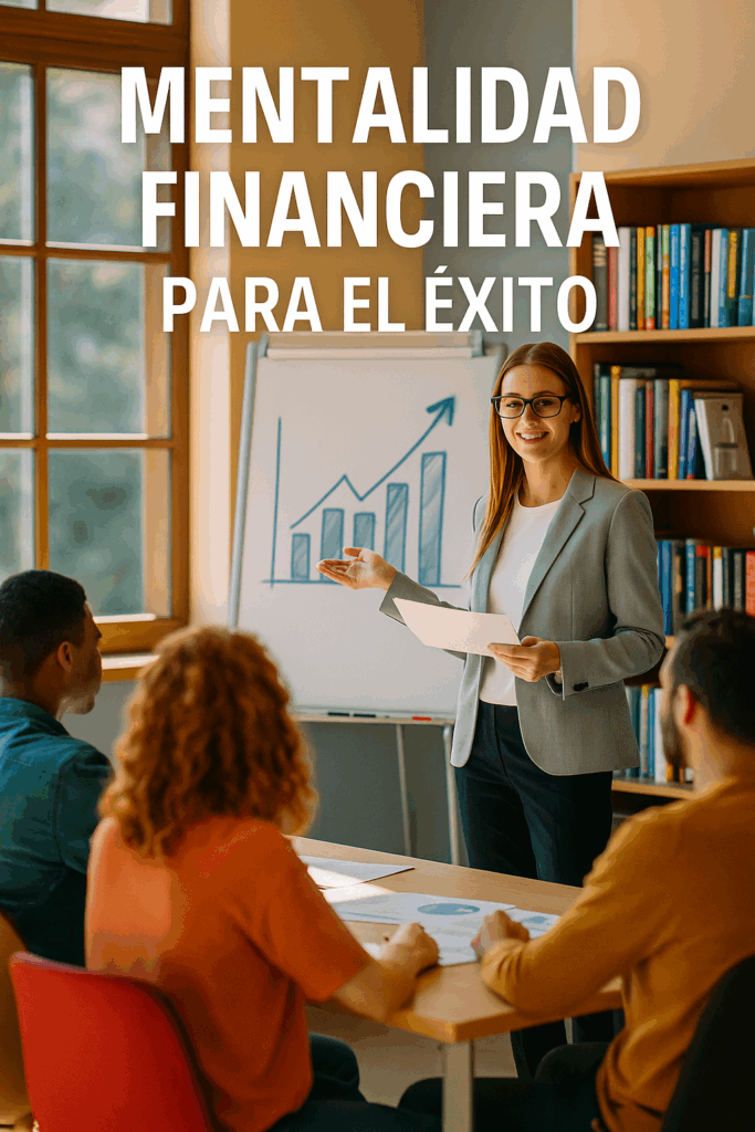 Aula iluminada con luz natural donde una profesora ejecutiva enseña finanzas personales a un grupo de adultos, con una pizarra que muestra gráficos ascendentes