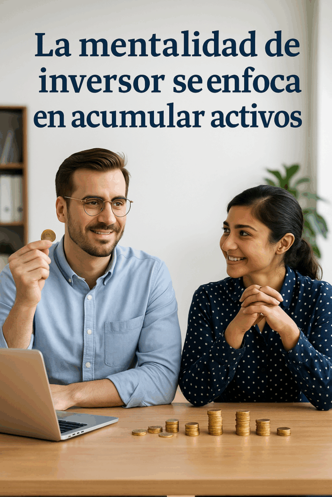 Dos personas conversando sobre finanzas con monedas apiladas y un ordenador portátil en la mesa.