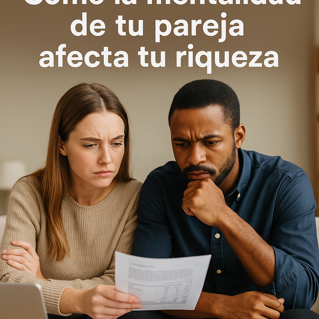 Pareja revisando documentos financieros en casa, reflejando cómo la mentalidad de cada uno influye en la construcción de la riqueza.