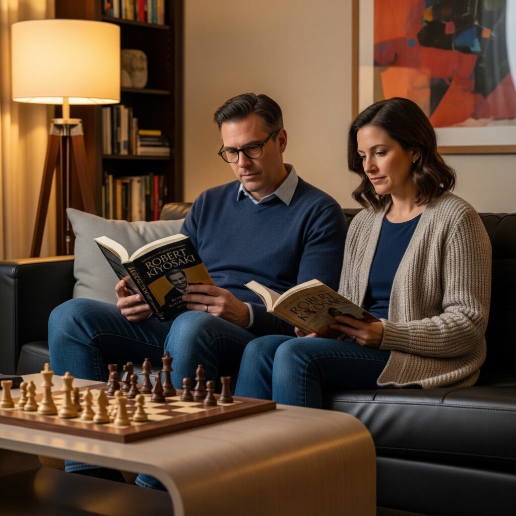 Una pareja sentada en un sofá, leyendo libros de educación financiera, simbolizando el aprendizaje y la construcción de inteligencia financiera.