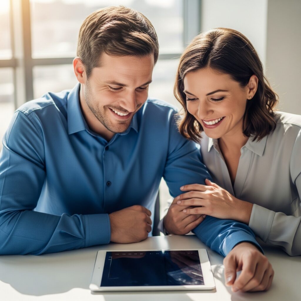 Dos personas, un hombre y una mujer, revisan un plan financiero en una tableta, simbolizando la planificación a largo plazo para un futuro económico seguro.