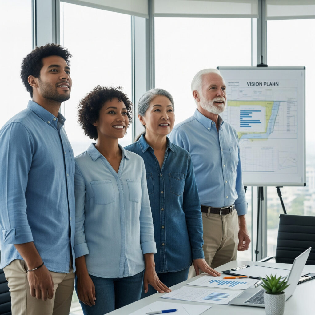 Un grupo diverso de personas de diferentes edades mirando hacia el futuro con un plan financiero y una pizarra de visión, simbolizando la planificación a largo plazo y la seguridad económica.