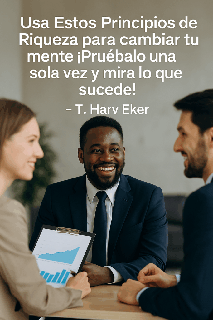 Personas reunidas en una oficina conversando sobre principios de riqueza según T. Harv Eker