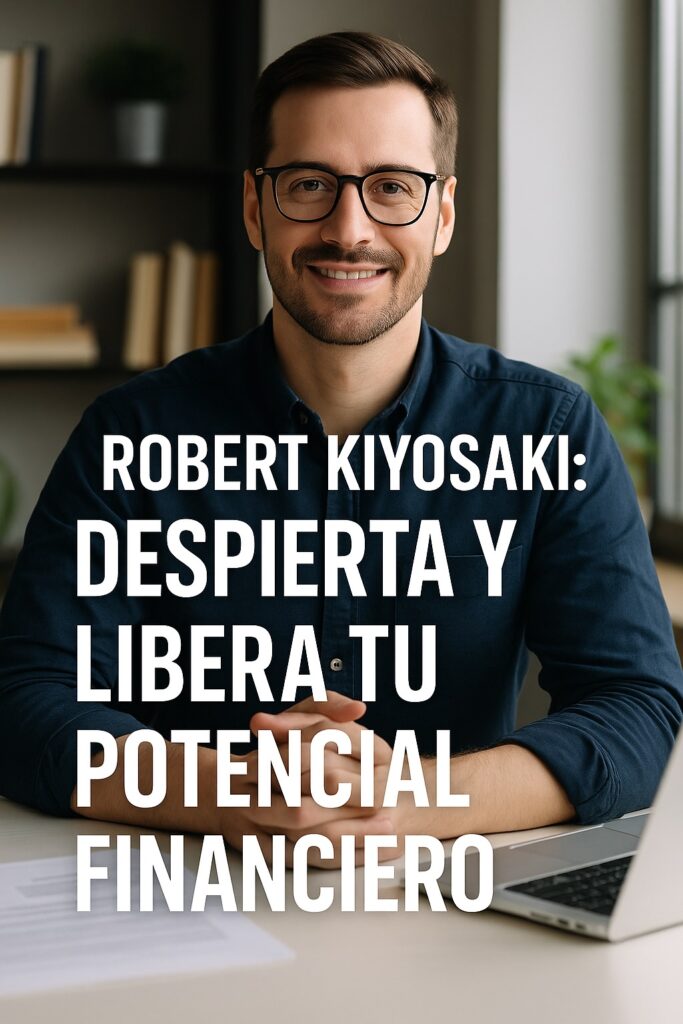 Hombre joven sonriente en oficina con mensaje motivador sobre despertar y liberar el potencial financiero inspirado en Robert Kiyosaki.