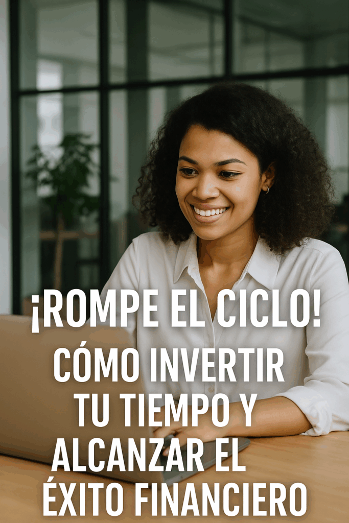 Mujer joven sonriente trabajando en su portátil en una oficina moderna, con mensaje motivador sobre cómo invertir el tiempo y alcanzar el éxito financiero.