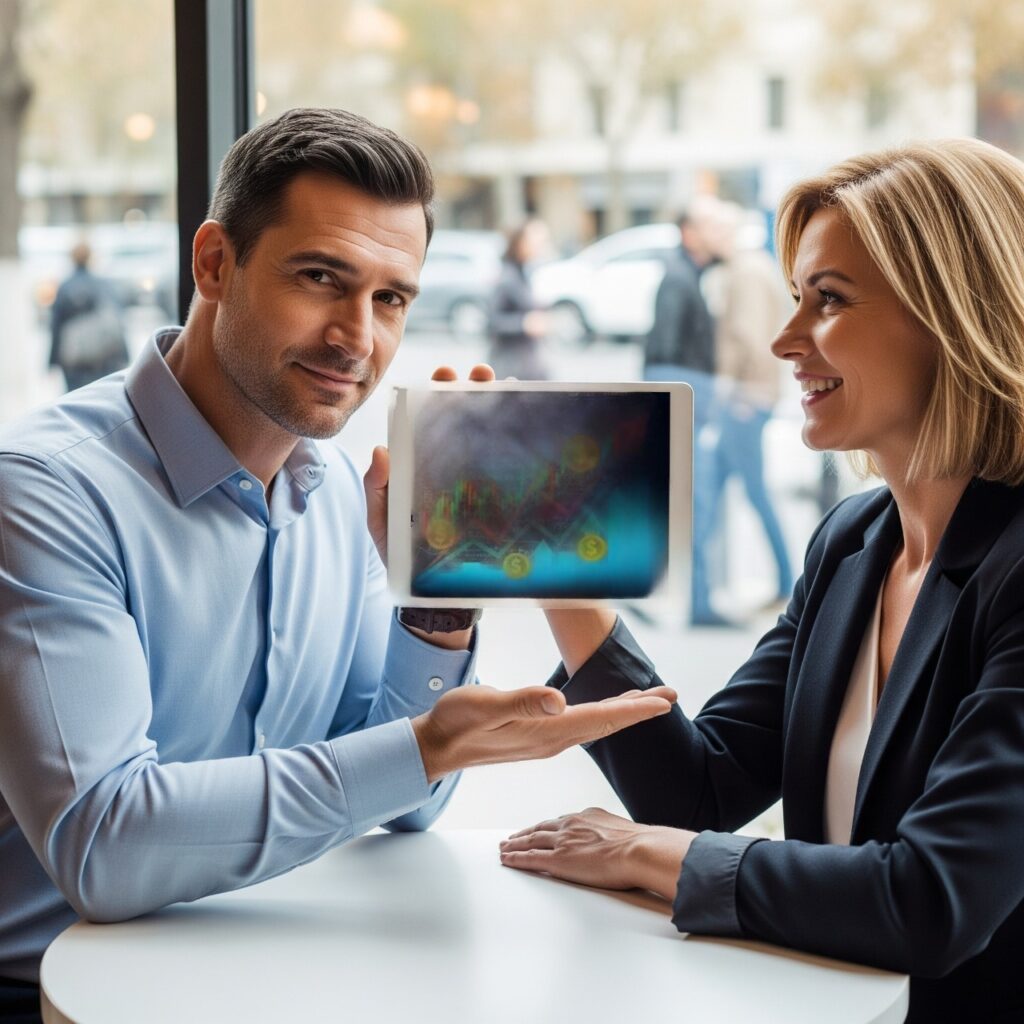 Una pareja desvela una fórmula secreta para el éxito financiero en una tableta, simbolizando el conocimiento y el empoderamiento personal.