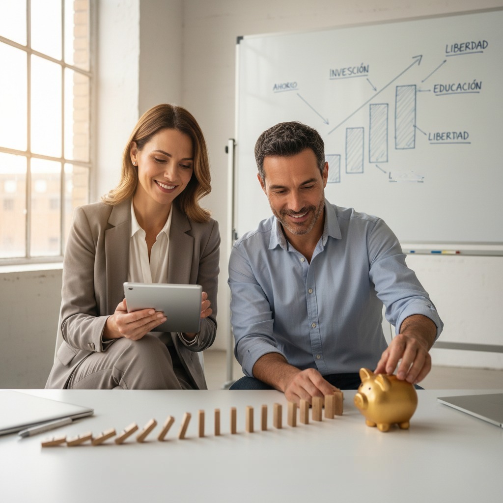 Dos profesionales sonrientes analizando estrategias de inversión y ahorro, con una pizarra de fondo que muestra un gráfico de crecimiento financiero. La imagen captura la esencia de la construcción de riqueza a través de una mentalidad financiera sólida.