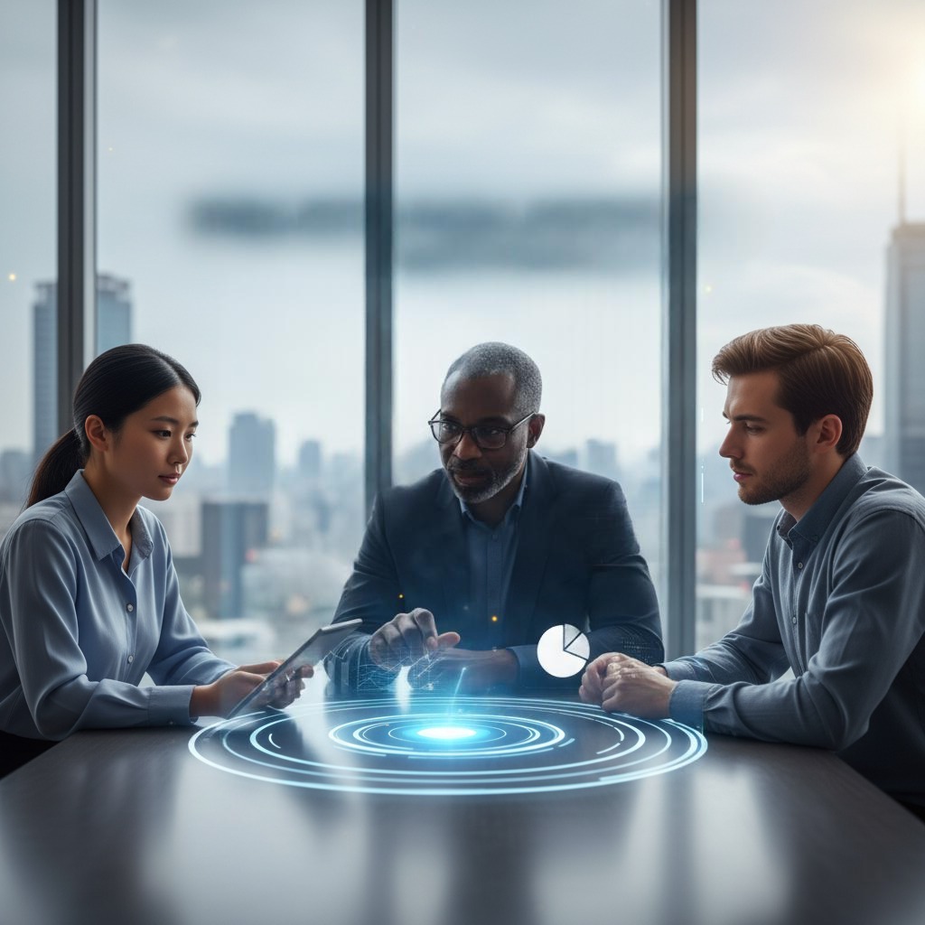 Tres personas interactuando con proyecciones holográficas de datos financieros, gráficos y símbolos monetarios en una mesa de reuniones