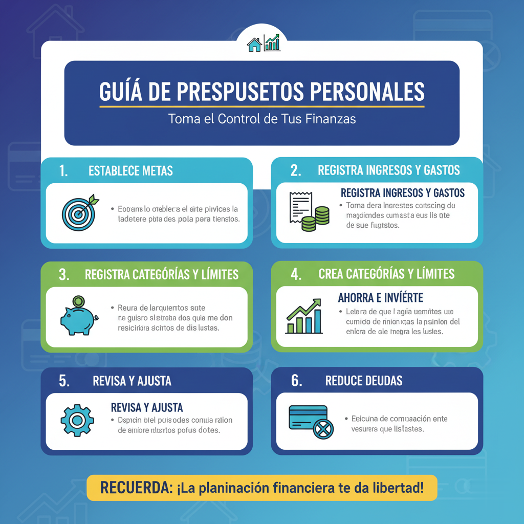 Infografía detallada sobre cómo crear un presupuesto personal efectivo para principiantes, mostrando pasos para controlar finanzas.