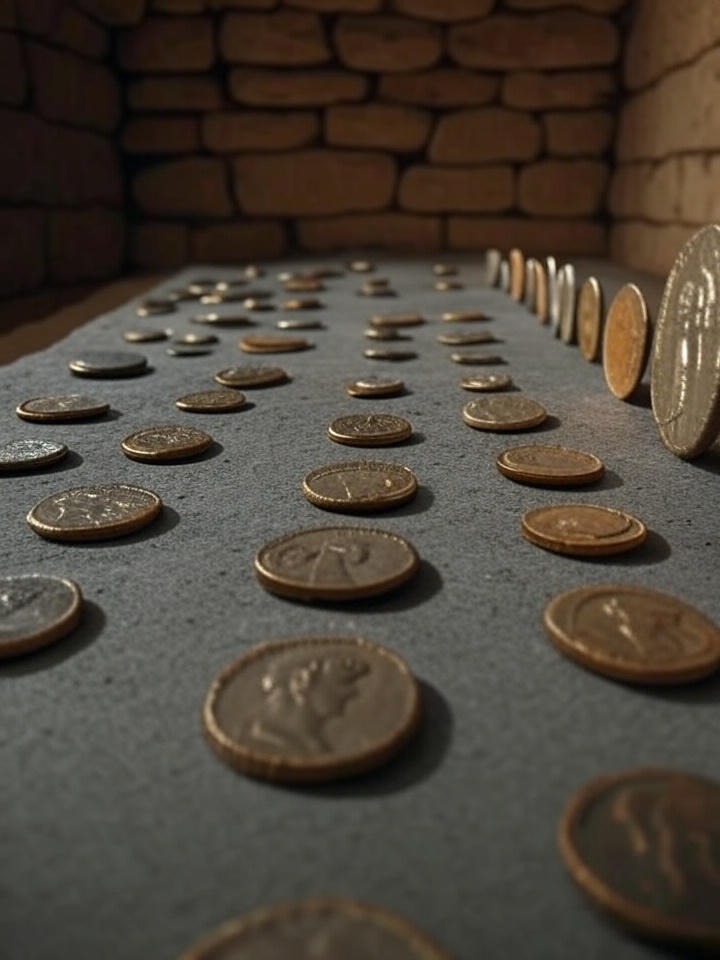 Infografía de evolución del dinero con monedas lidias y griegas