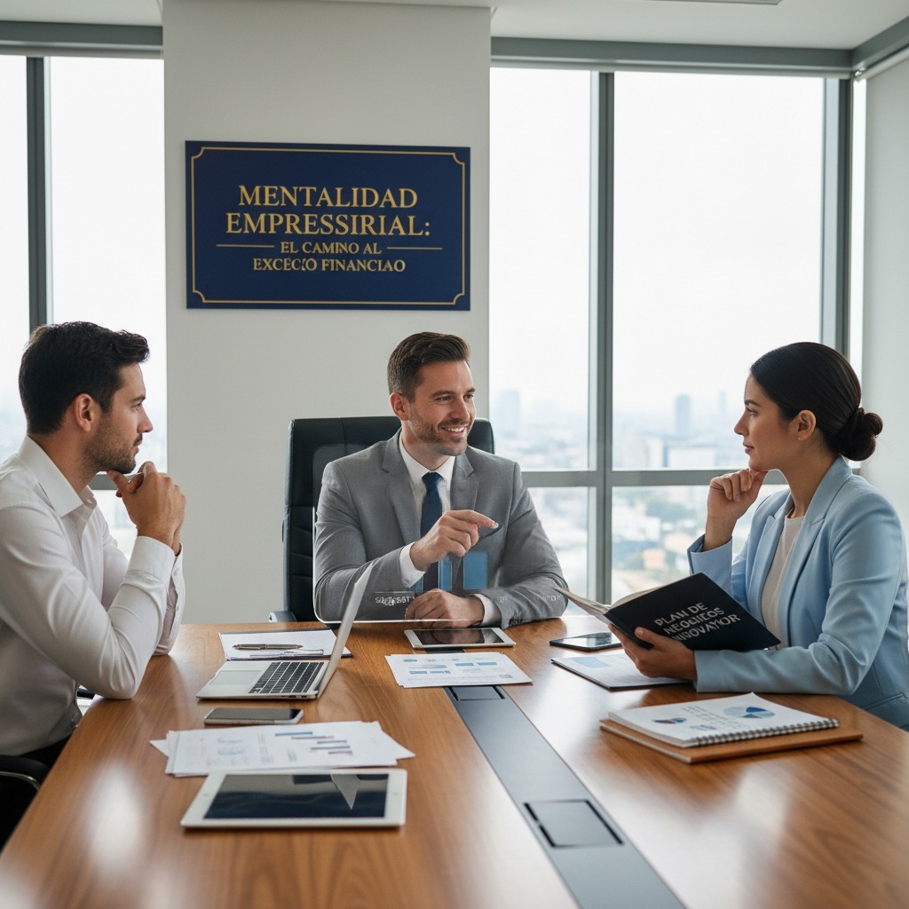 Un grupo de profesionales en una reunión de negocios, discutiendo estrategias de crecimiento financiero con gráficos proyectados.