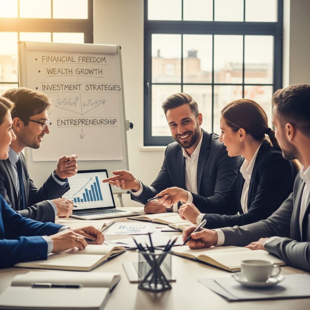 Un grupo de profesionales colaborando en una reunión, discutiendo estrategias de crecimiento financiero y los secretos del éxito.