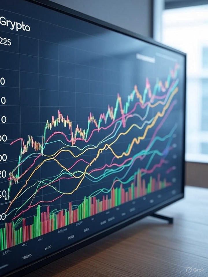 Gráfico de líneas que muestra las tendencias proyectadas de Bitcoin y Ethereum para el año 2025.