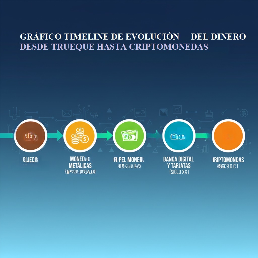 Gráfico timeline que muestra la evolución histórica del dinero, desde el trueque hasta las criptomonedas.