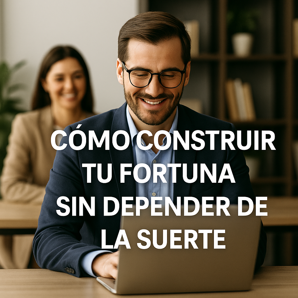 Hombre sonriente trabajando en su portátil, representando la mentalidad financiera necesaria para construir una fortuna sin depender de la suerte.