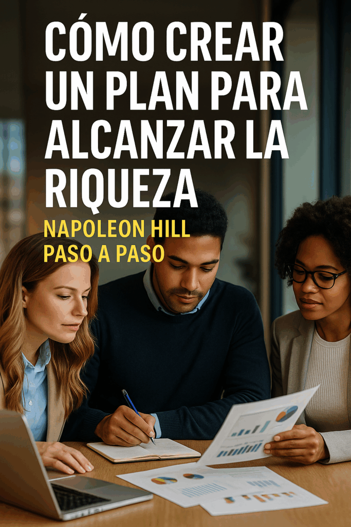 Dos profesionales revisan un plan financiero con gráficos y notas, representando los pasos de Napoleon Hill para crear riqueza.