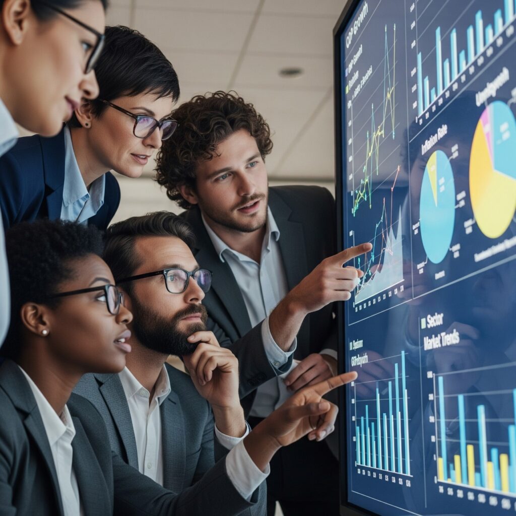 Un grupo de personas de aspecto profesional examinando un gráfico económico en una pantalla grande, representando la comprensión de la economía.