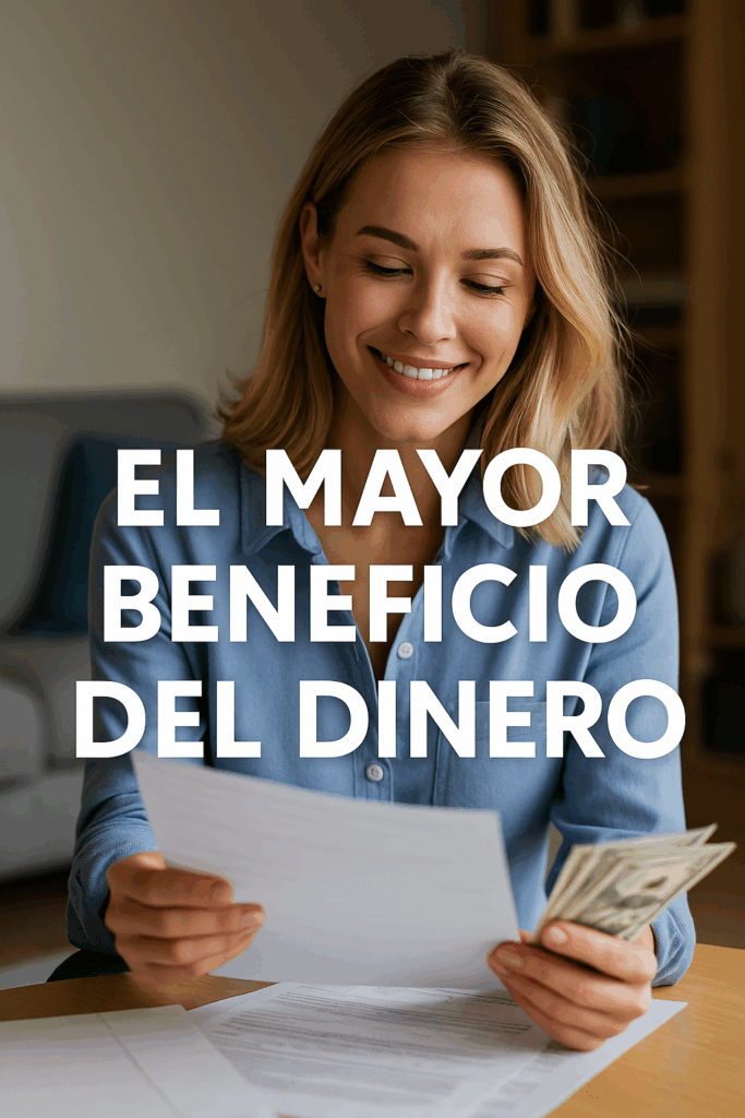 Mujer joven en un entorno profesional revisando notas y gráficos, representando la idea de que el mayor beneficio del dinero es la libertad y la tranquilidad financiera.