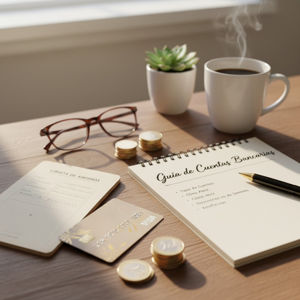 Ilustración cálida y educativa con una libreta, tarjeta bancaria y monedas, representando una guía de cuentas bancarias.