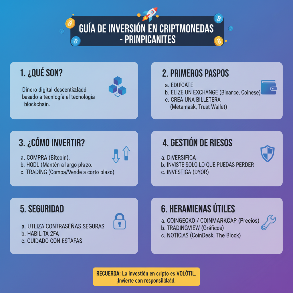 Infografía educativa con pasos básicos para invertir en criptomonedas para principiantes: exchange, wallet, inversión DCA y seguridad.