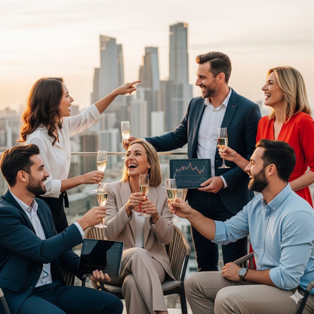 Un grupo de cinco personas sonriendo y celebrando en una azotea con un horizonte urbano al atardecer, representando el éxito y la libertad financiera.
