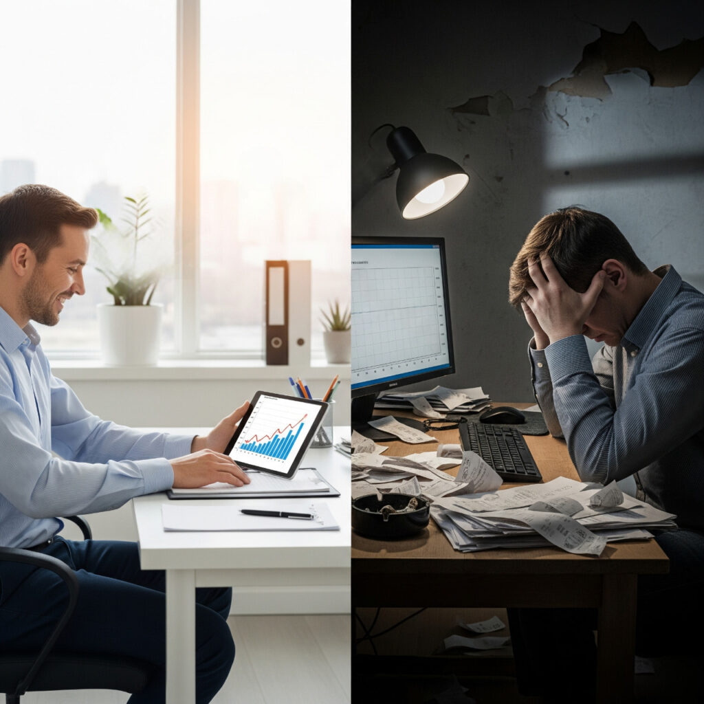 Una imagen que compara la mentalidad de riqueza y la de pobreza, mostrando a una persona con confianza en un entorno de éxito financiero y a otra con preocupación en un entorno de dificultad.