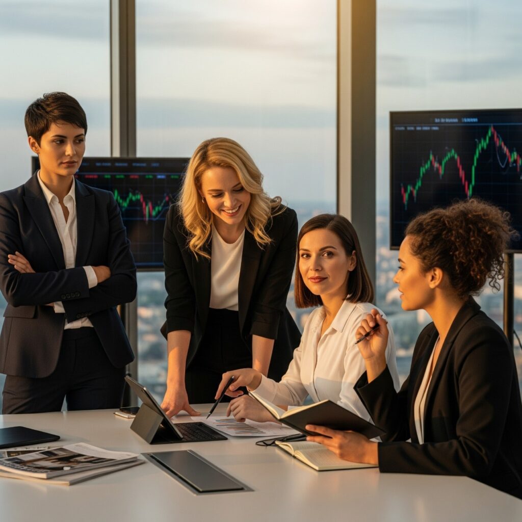 Una imagen que representa a mujeres empoderadas y seguras, gestionando sus finanzas para lograr la independencia y el éxito.