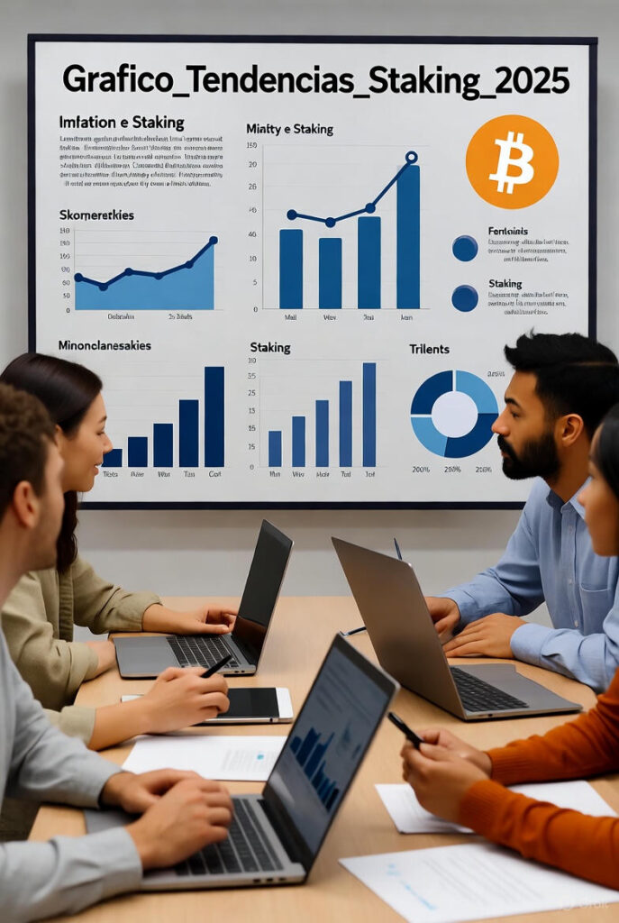 Gráfico de tendencias del staking en criptomonedas en 2025 con yields y redes populares