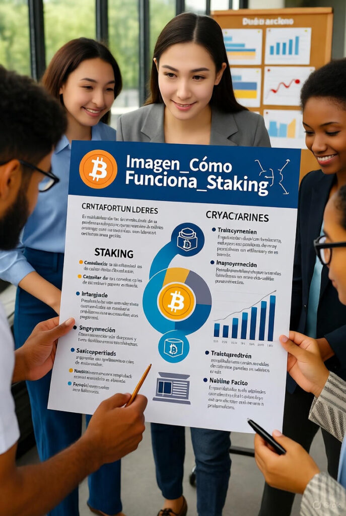 Ilustración simple de cómo funciona el staking de criptomonedas con pasos y recompensas