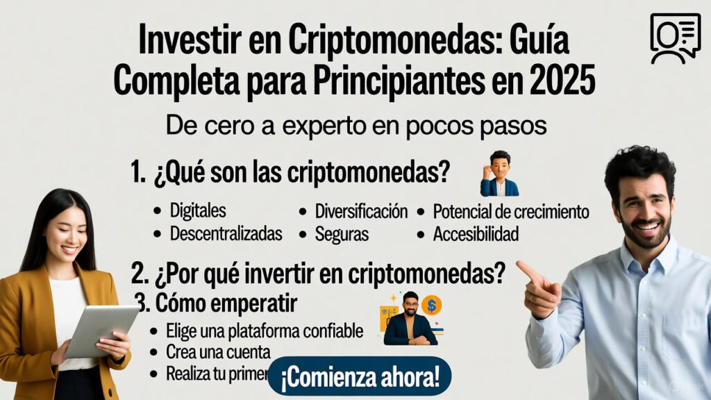 Infografía profesional sobre invertir en criptomonedas de cero a experto, con personas reales aprendiendo