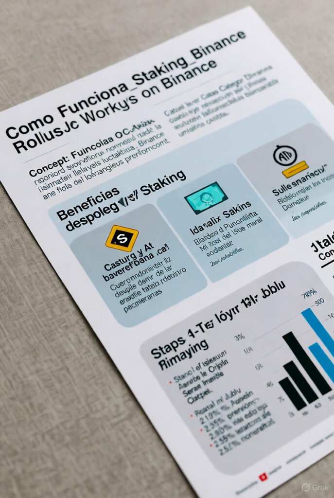 Infografía atractiva sobre un mes haciendo staking de criptomonedas en Binance