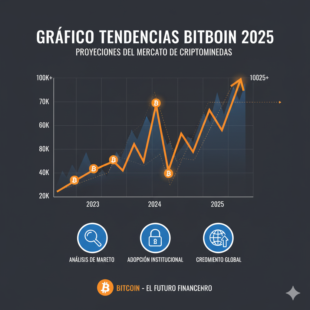 Gráfico hipotético de tendencias de Bitcoin con proyecciones hasta 2025.