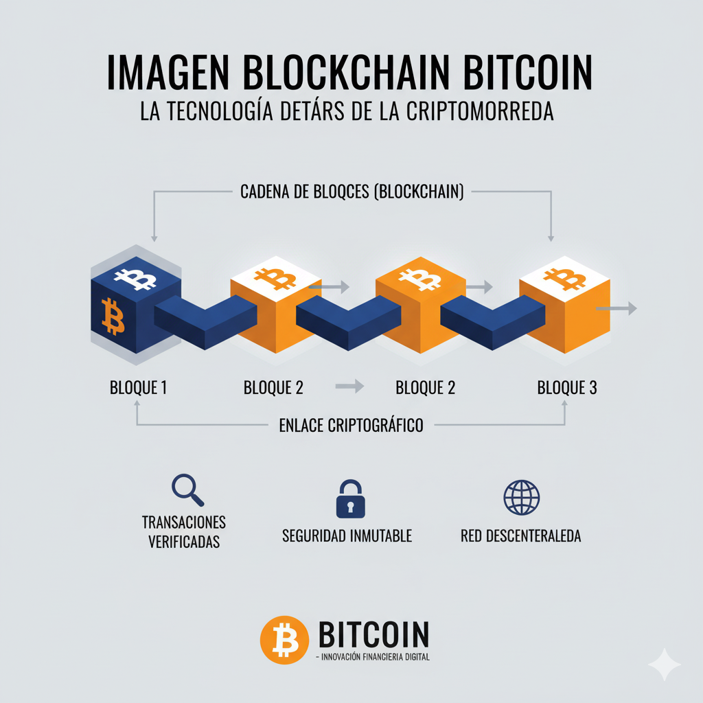 Ilustración de blockchain de Bitcoin mostrando transacciones seguras