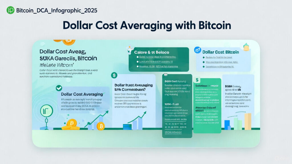 Infografía explicando paso a paso cómo funciona el Dollar Cost Averaging con ejemplos gráficos.