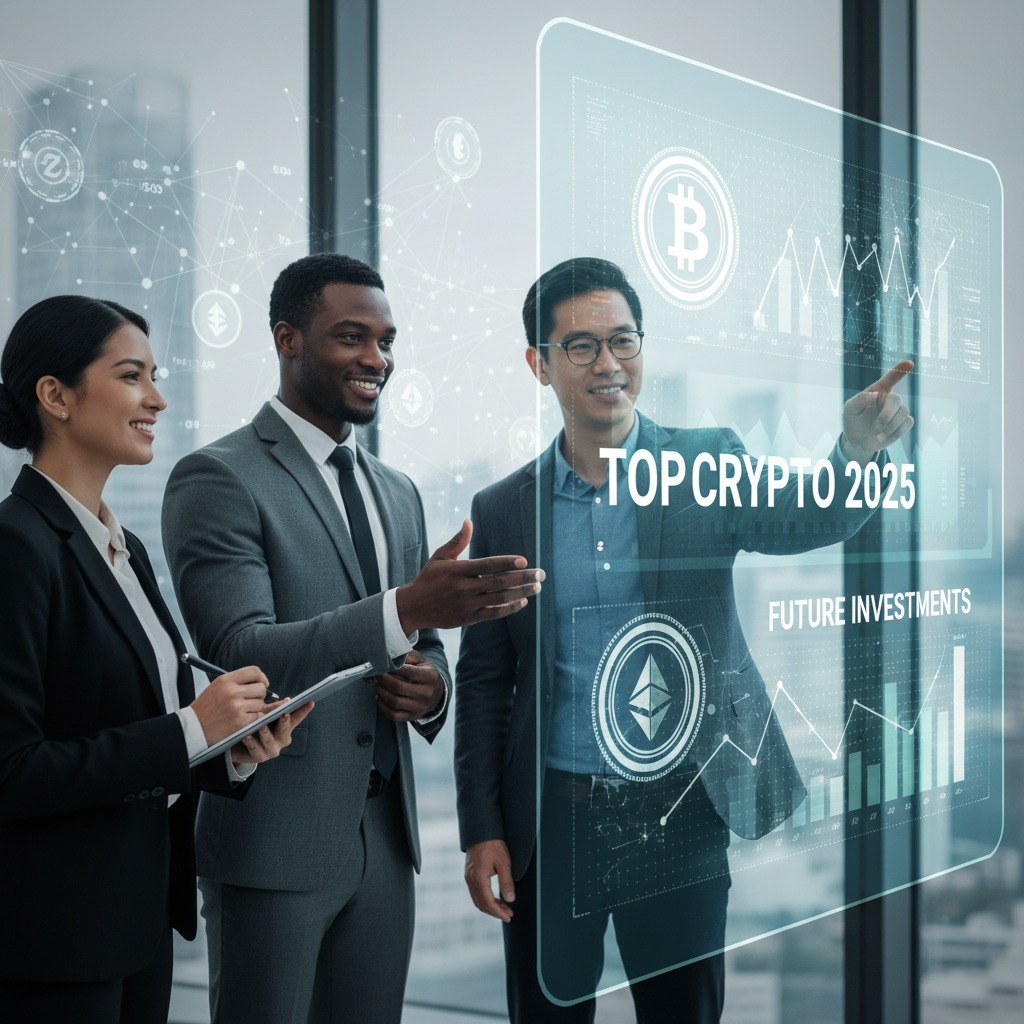 Personas observando gráficos financieros en una pantalla, con símbolos de criptomonedas como Bitcoin y Ethereum, representando las mejores criptomonedas para invertir en 2025.