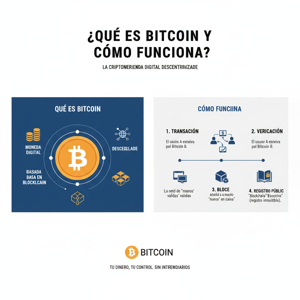 Infografía explicativa sobre Bitcoin y su funcionamiento básico.