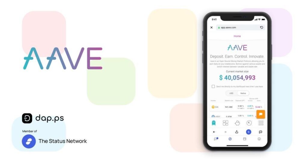 Interfaz de usuario de Aave app para préstamos en criptomonedas.