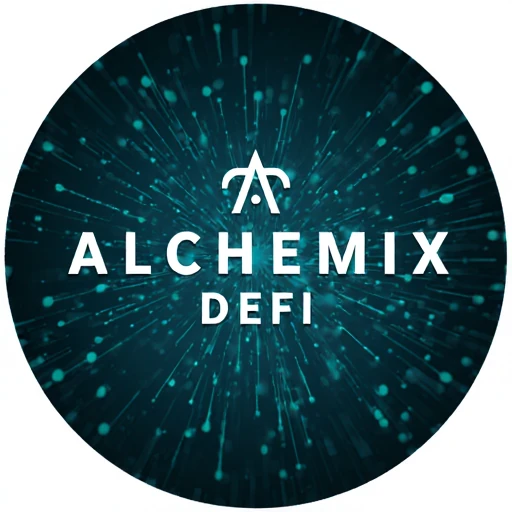 'ilustrativa y atractiva en estilo digital futurista para un artículo sobre Alchemix DeFi, fondo oscuro con tonos azul neón y cian, en primer plano monedas Bitcoin y Ethereum transformándose en alUSD y ALCX con símbolos de yield farming, elementos DeFi como cadenas blockchain y smart contracts