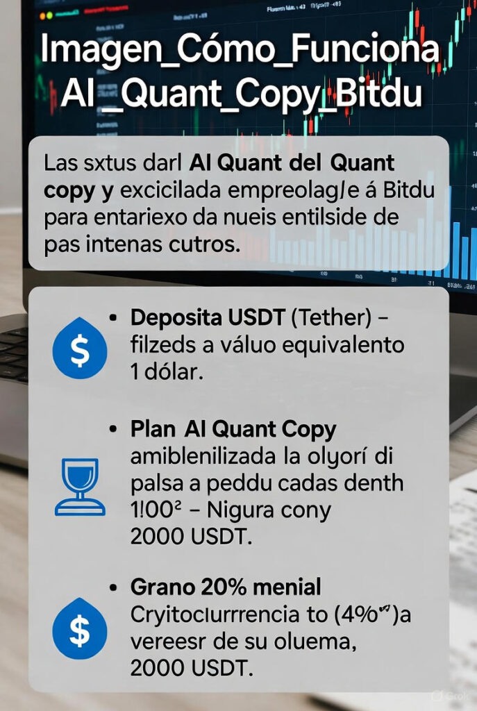 Infografía atractiva sobre cómo funciona AI Quant Copy en Bitdu mostrando depósito de USDT y planes de 100 a 2000 USDT con ganancias del 20% mensual