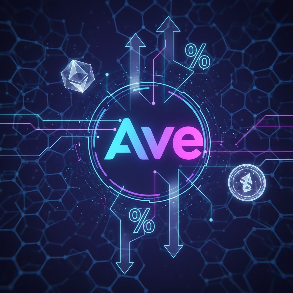 Infografía con el logo de Aave en el centro como estrategia de lending en DeFi